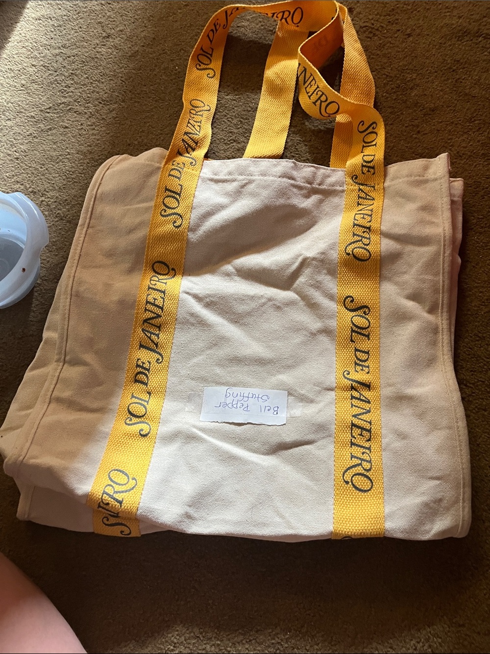 Sol de Janeiro Cream Canvas Tote with Yellow Logo Straps